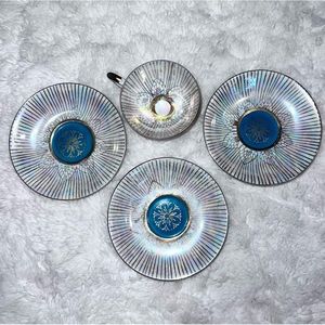 Opalescent Rose Gold Teal Set with Gold Trim and Flower Pattern